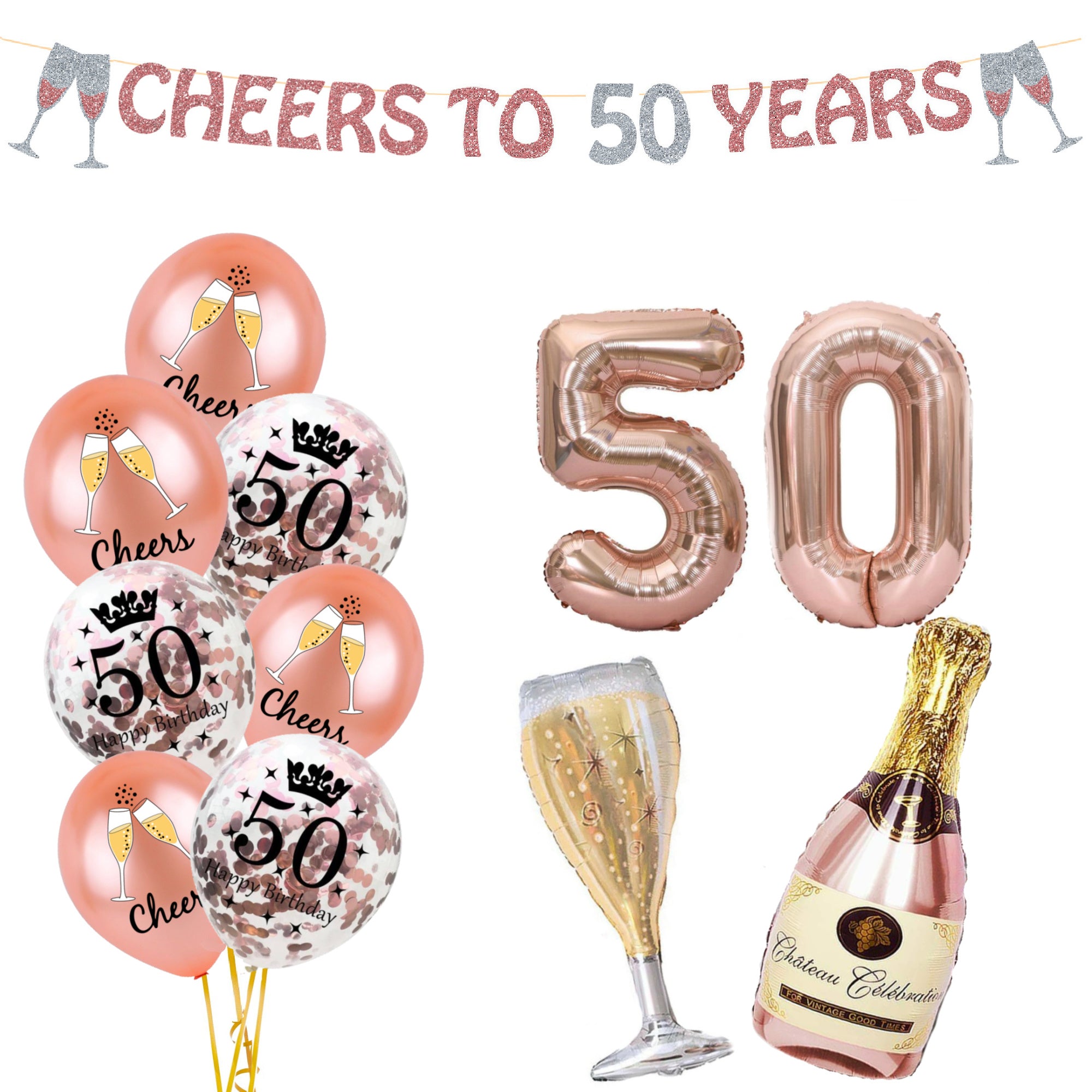 50th Birthday Decorations for her, Rose Gold 50th Balloons and Banner - Party Ideaz
